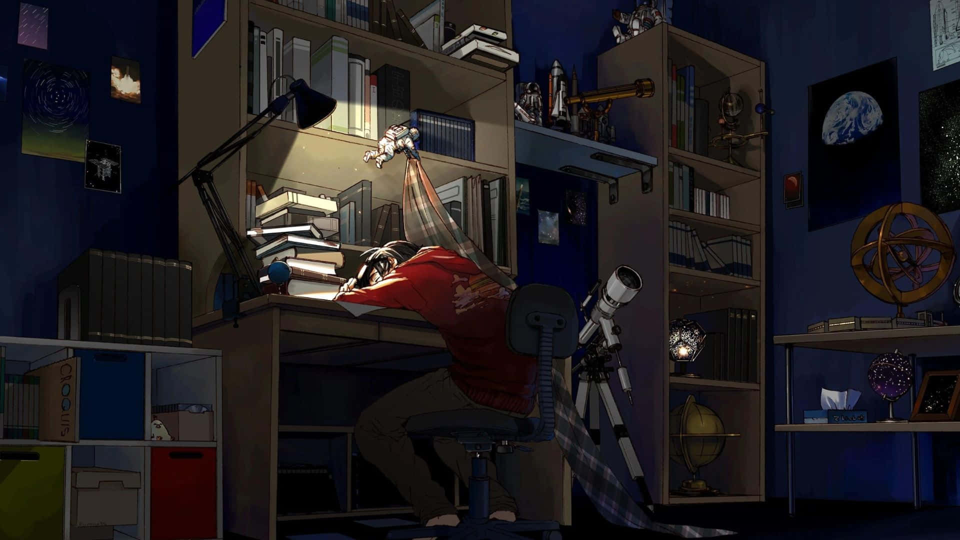 Aesthetic Anime Bedroom 桌布 壁紙 — 一個穿著紅色連帽衫的年輕人在藍色調的天文學主題房間裡，在燈下的凌亂書桌上睡覺，房間裡充滿了書籍和天體裝飾。