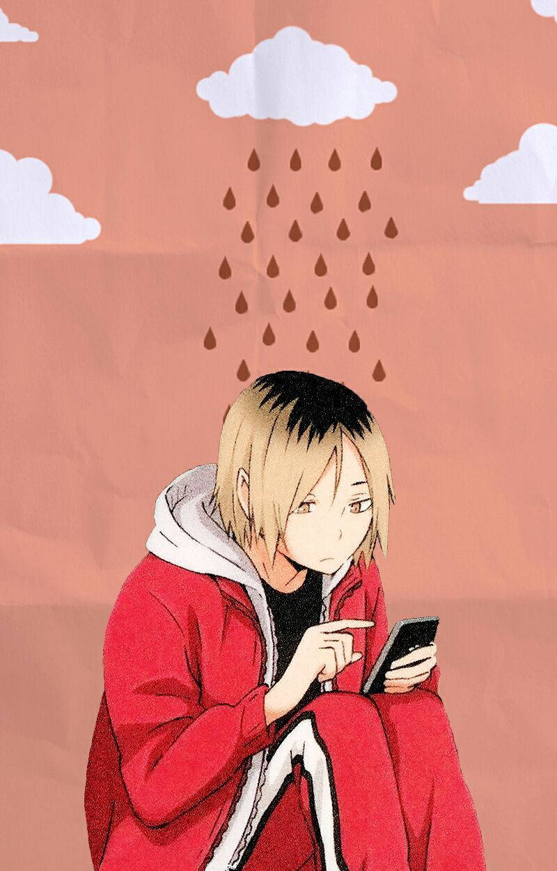 動漫男孩 桌布 壁紙 — 一個穿著紅色連帽衫的年輕動漫男孩，頭頂上的雲朵下雨時，他看起來很悲傷。