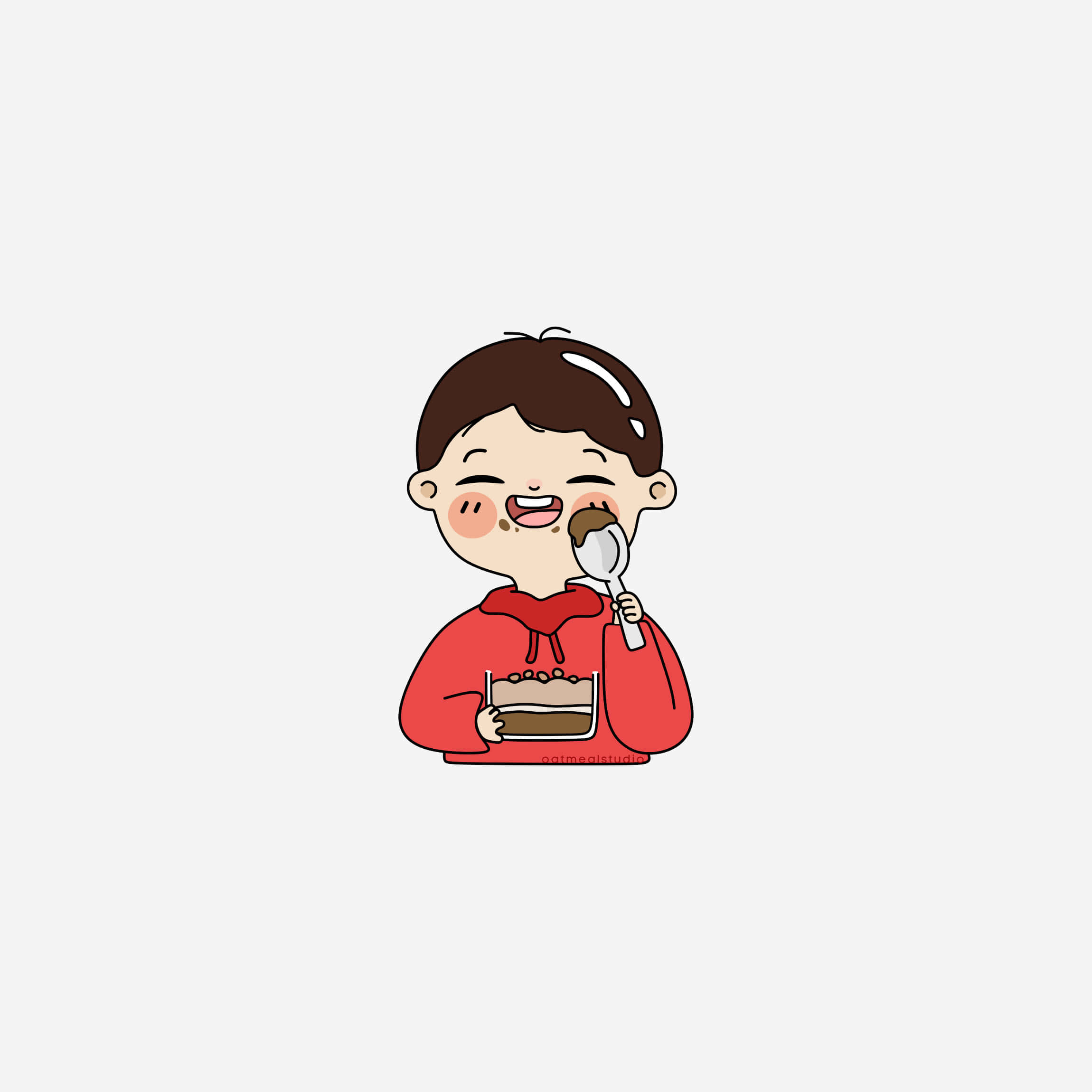 Cute TikTok Profile 桌布 壁紙 — 一個穿著紅色連帽衫的快樂卡通男孩，用湯匙開心吃巧克力蛋糕，臉頰上沾滿了巧克力。