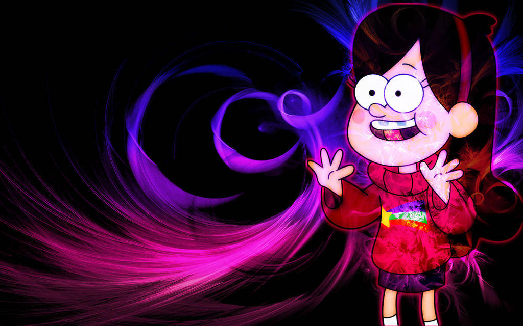 Mabel 桌布 壁紙 — 一個穿著紅色連帽衫的開心動畫女孩站在旋轉的紫色和粉紅色宇宙背景前。