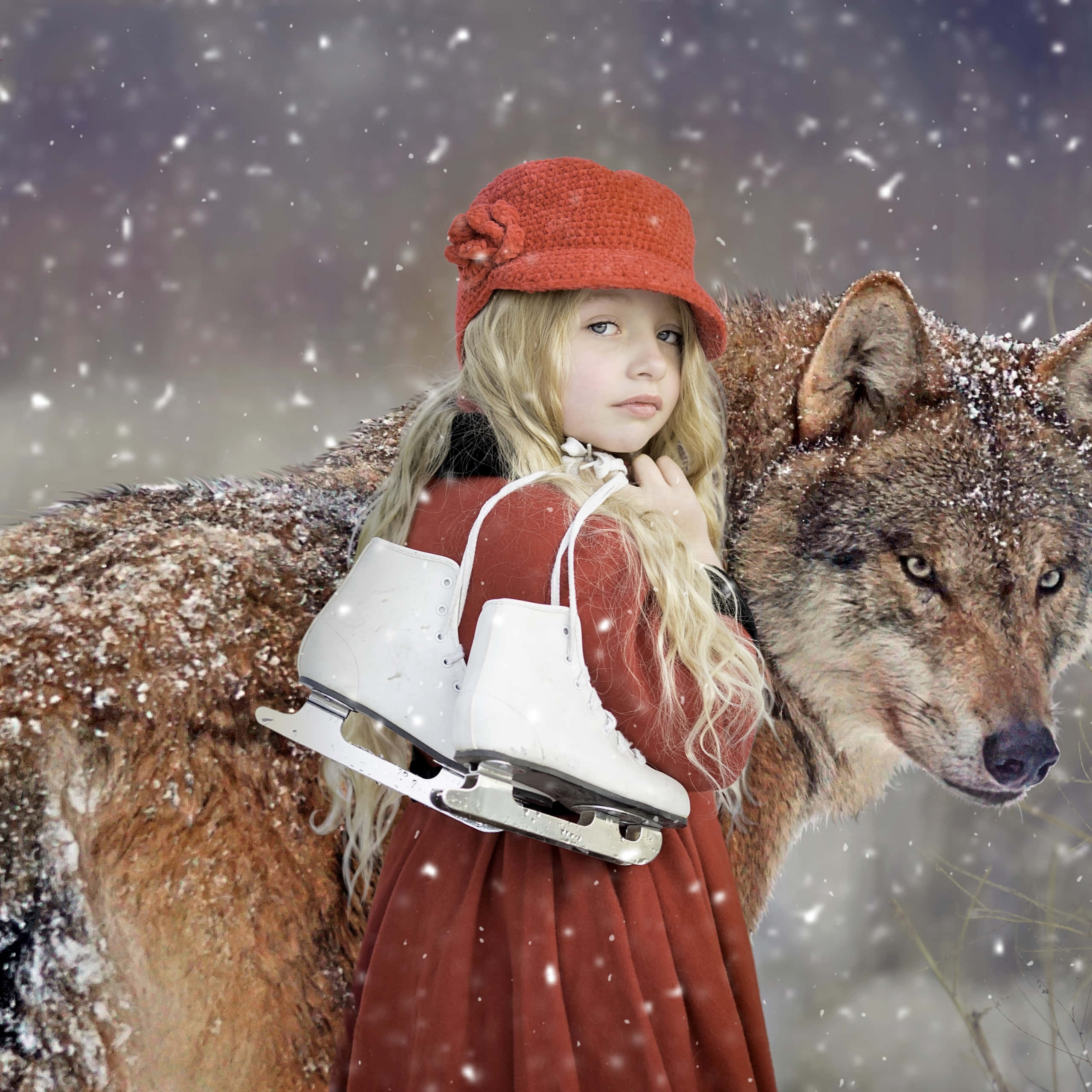桌布 壁紙 — 一個穿著紅色連衣裙和帽子的年輕女孩在雪地冬季場景中，旁邊有一隻大狼，她拿著溜冰鞋。