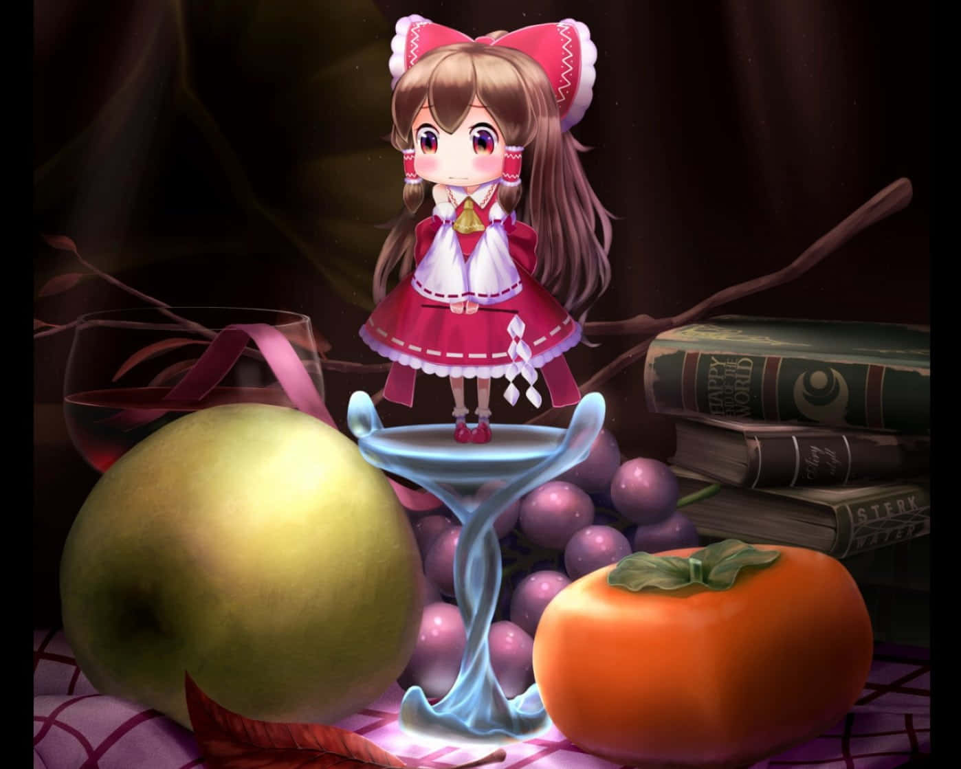 Kawaii Fruit 桌布 壁紙 — 一個穿著紅色連衣裙的Q版動漫女孩站在一個發光的藍色馬丁尼酒杯上，周圍環繞著水果、書籍和葡萄酒。
