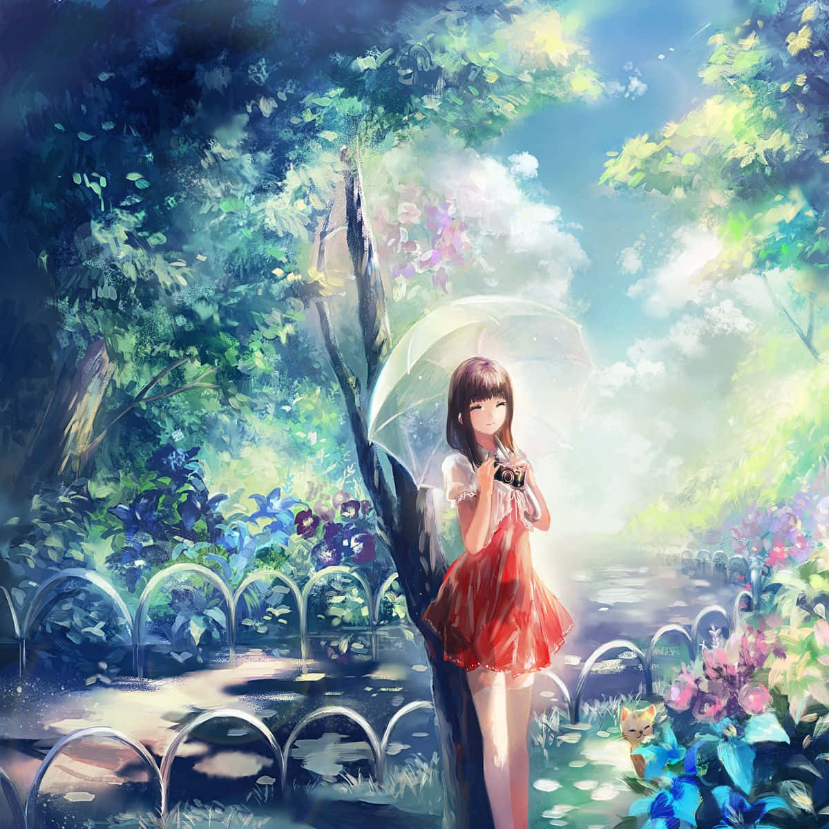 動漫藝術GIF 桌布 壁紙 — 一個穿著紅色連衣裙的女孩在透明雨傘下拿著相機，在陽光明媚的花園裡，附近有一隻小狐狸。