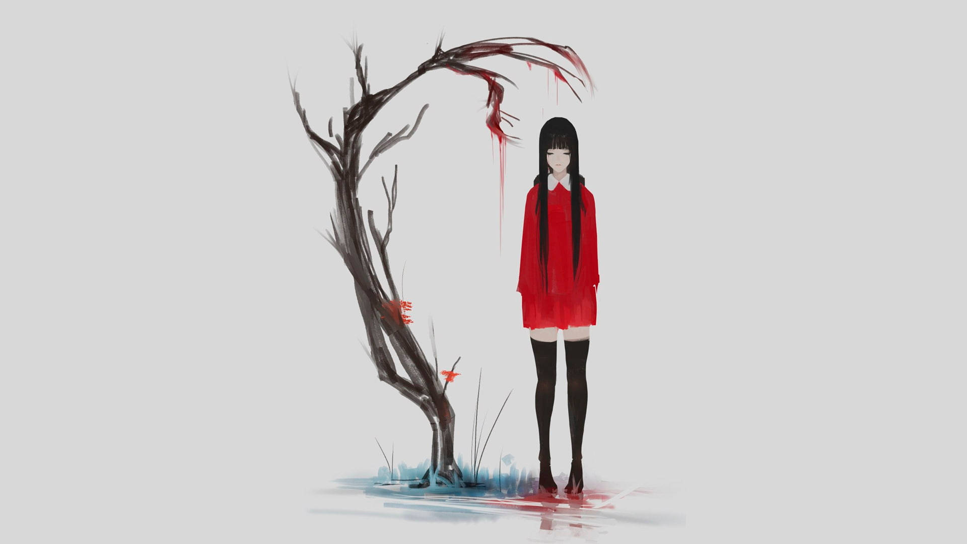 動漫女孩 桌布 壁紙 — 一個穿著紅色連衣裙的女孩站在一棵扭曲的樹旁，樹枝上滴著血，背景是純灰色。