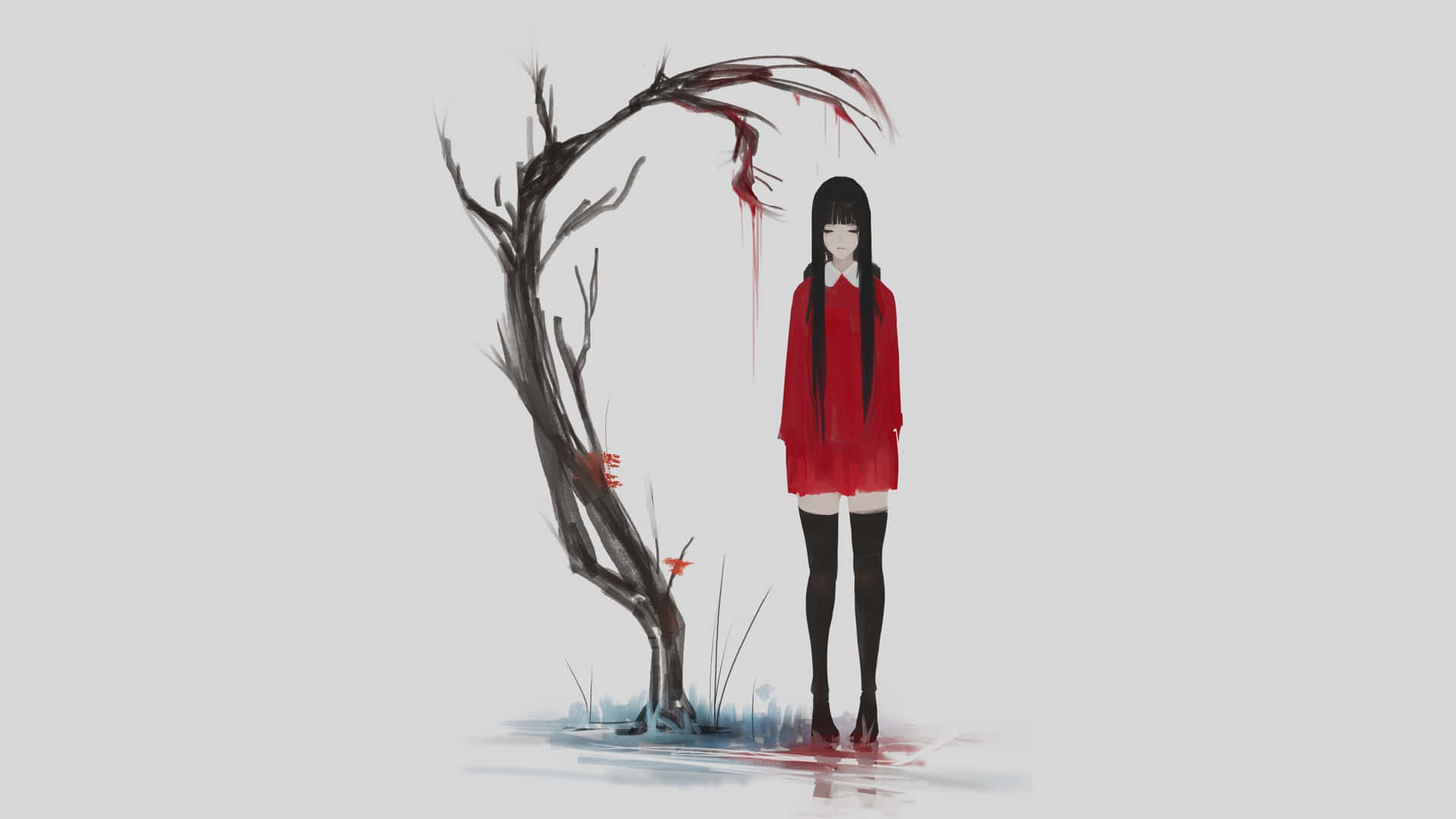 depressed anime 桌布 壁紙 — 一個穿著紅色連衣裙的女孩站在一棵扭曲的樹旁，樹枝上滴著血，背景是淺灰色。