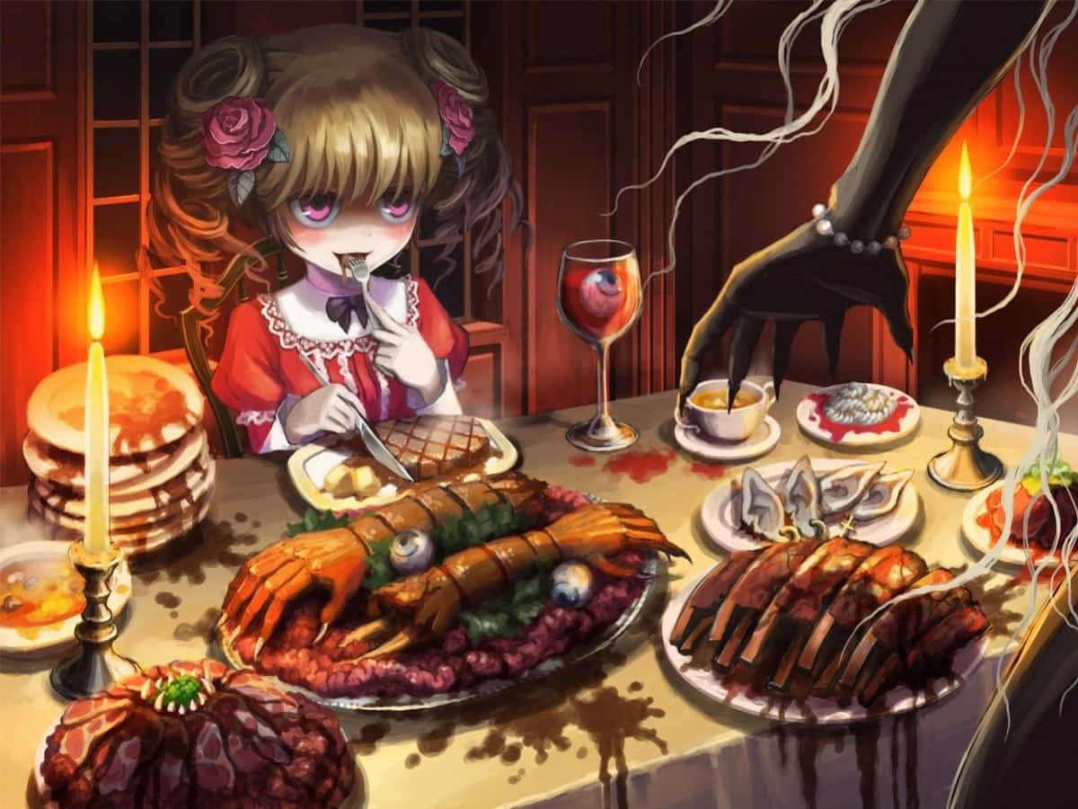 Horror Anime 桌布 壁紙 — 一個穿著紅色連衣裙的小女孩在豪華的晚餐桌上吃飯，同時一隻黑暗的手從陰影中伸出來。