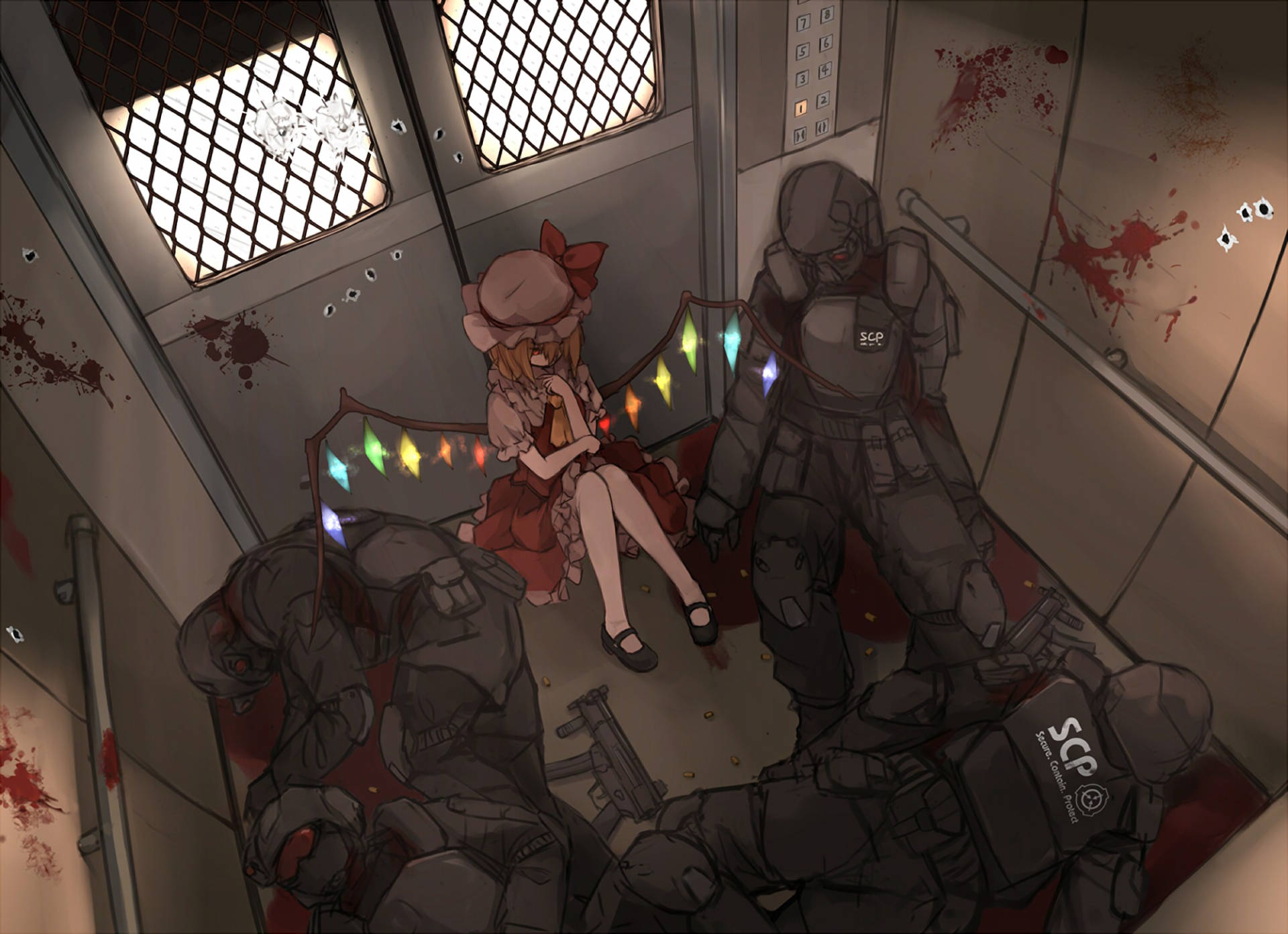SCP 桌布 壁紙 — 一個穿著紅色連衣裙的小女孩平靜地坐在滿是血跡的SCP特工中間，身處一個裝飾著節日燈光的骯髒電梯內。