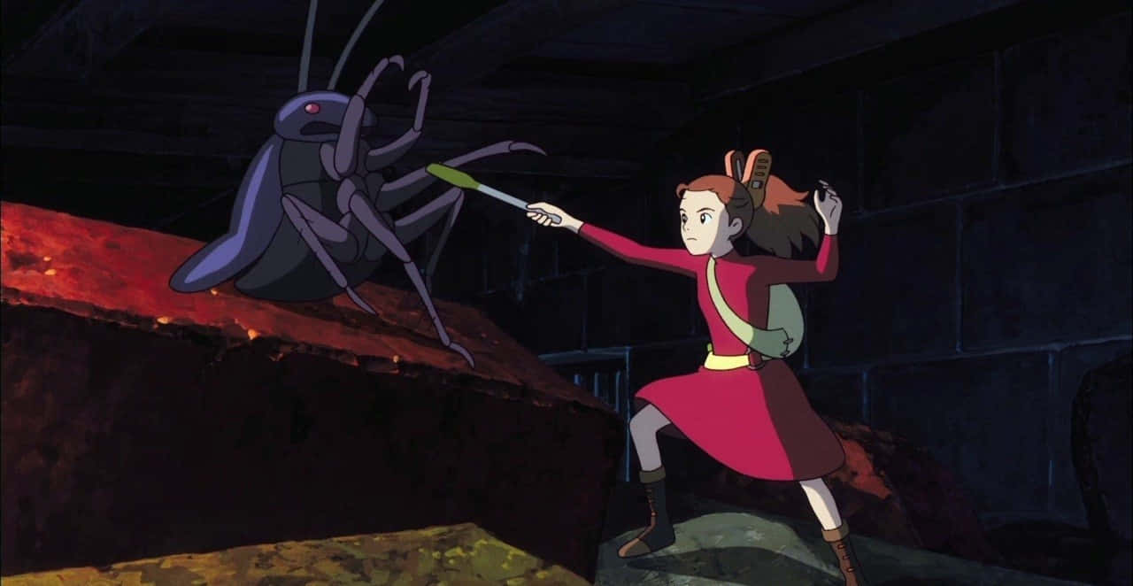 The Secret World Of Arrietty 桌布 壁紙 — 一個穿著紅色連衣裙的年輕女孩在黑暗的工業廢墟中用發光的棍子與一隻巨大的昆蟲戰鬥。