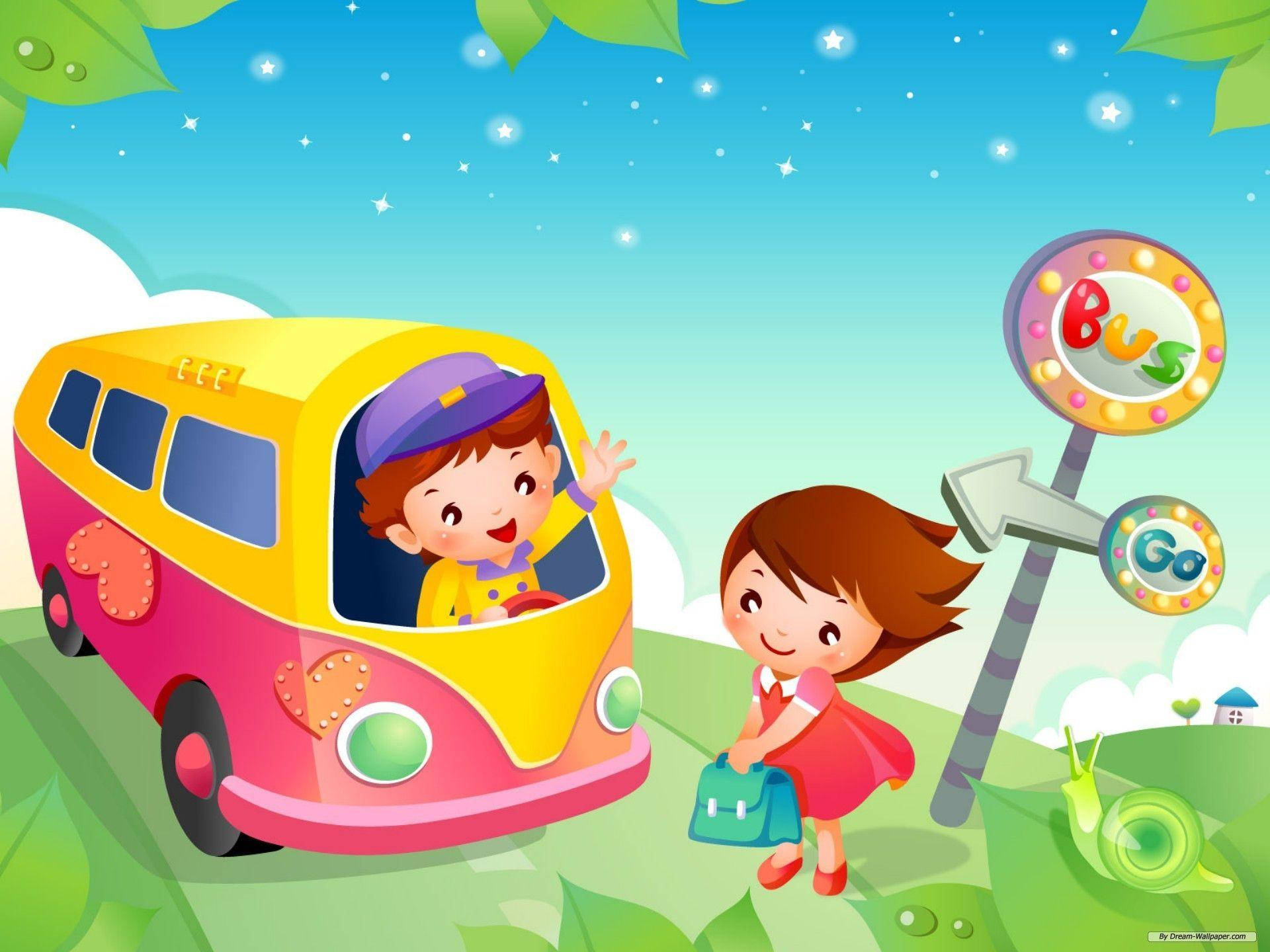 小孩動圖 桌布 壁紙 — 一個穿著紅色連衣裙的快樂卡通女孩向微笑的巴士司機揮手告別，一輛色彩繽紛的巴士在繁星點點的藍天下駛向「Bus Go」標誌。