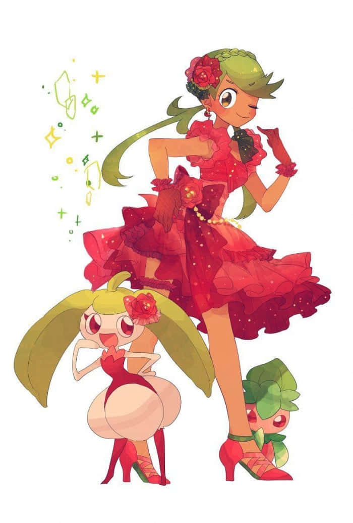 動漫 桌布 壁紙 — 一個穿著紅色連衣裙的開朗動畫女孩，有一個綠色頭髮的同伴和一個像植物的小生物，擺出奇特的姿勢。