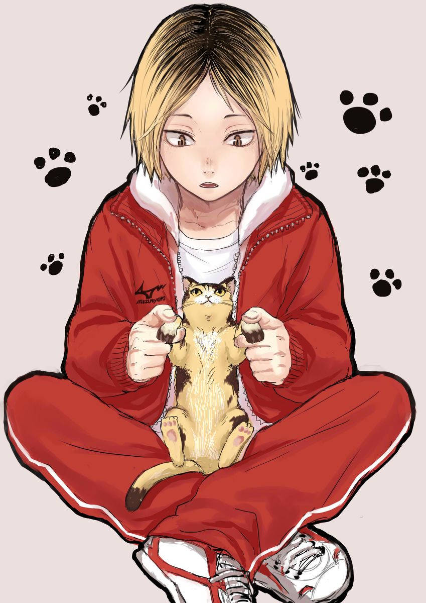 Kenma Kozume 桌布 壁紙 — 一個穿著紅色運動服的年輕動漫男孩盤腿而坐，抱著一隻小貓，周圍漂浮著爪印。