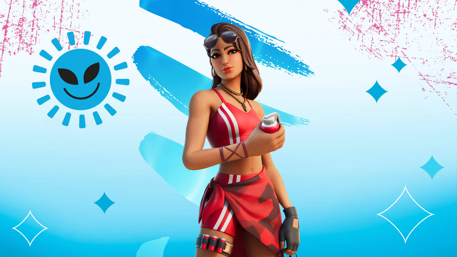Ruby 桌布 壁紙 — 一個穿著紅色運動裝備的Fortnite角色，在明亮的藍色背景前拿著一個罐子，背景上有外星太陽和鑽石圖案。