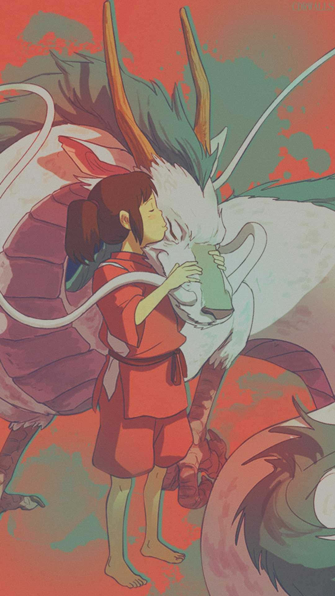 Haku Spirited Away Phone 桌布 壁紙 — 一個穿著紅色長袍的小女孩，在火紅與青綠色的天空下，溫柔地擁抱著一隻長著綠色角的大白龍。