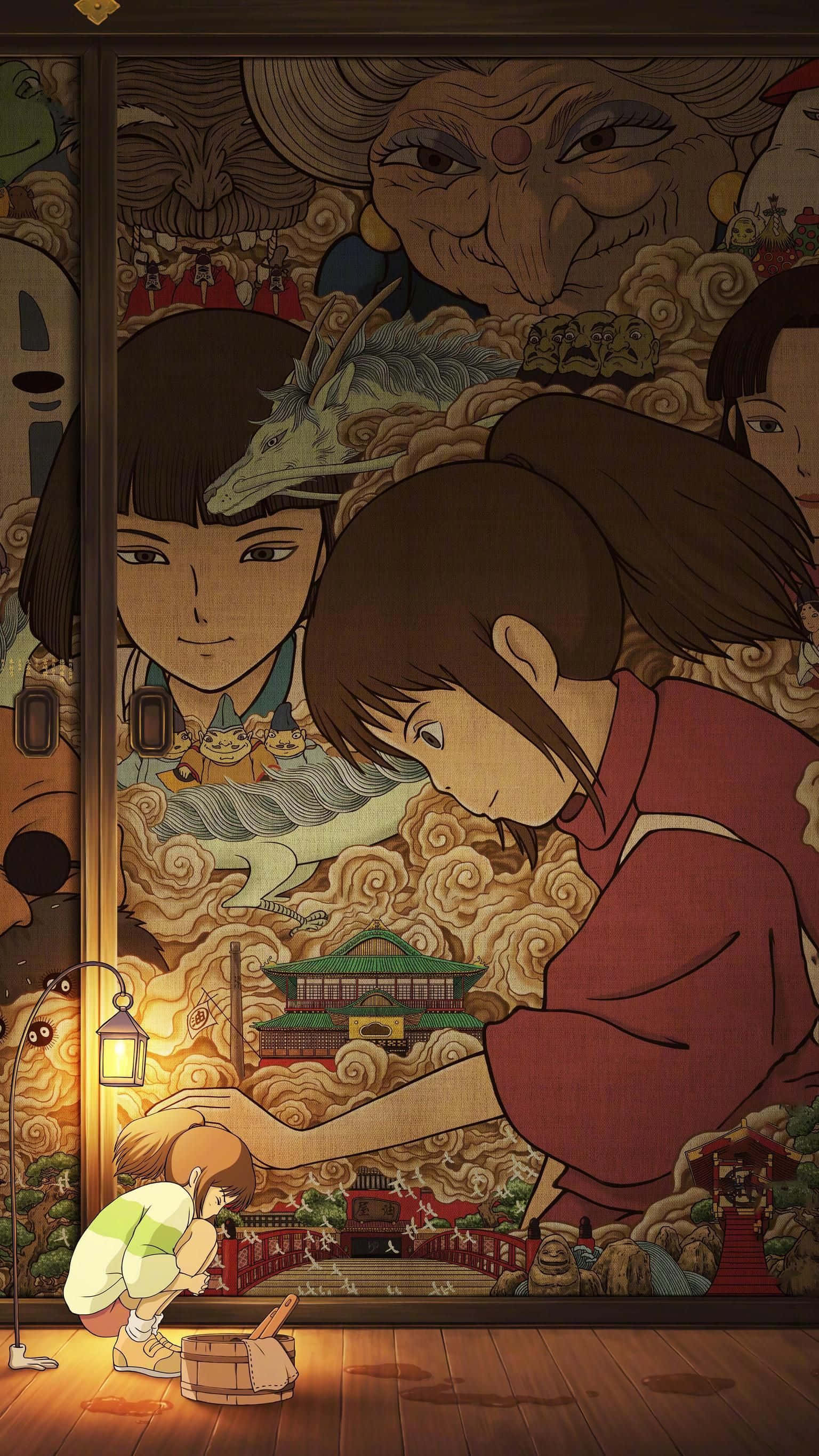 Haku Spirited Away Phone 桌布 壁紙 — 一個穿著紅色長袍的年輕女孩輕輕觸摸一個發光的燈籠，而一條龍和靈體從傳統的日本推拉門壁畫中觀看。