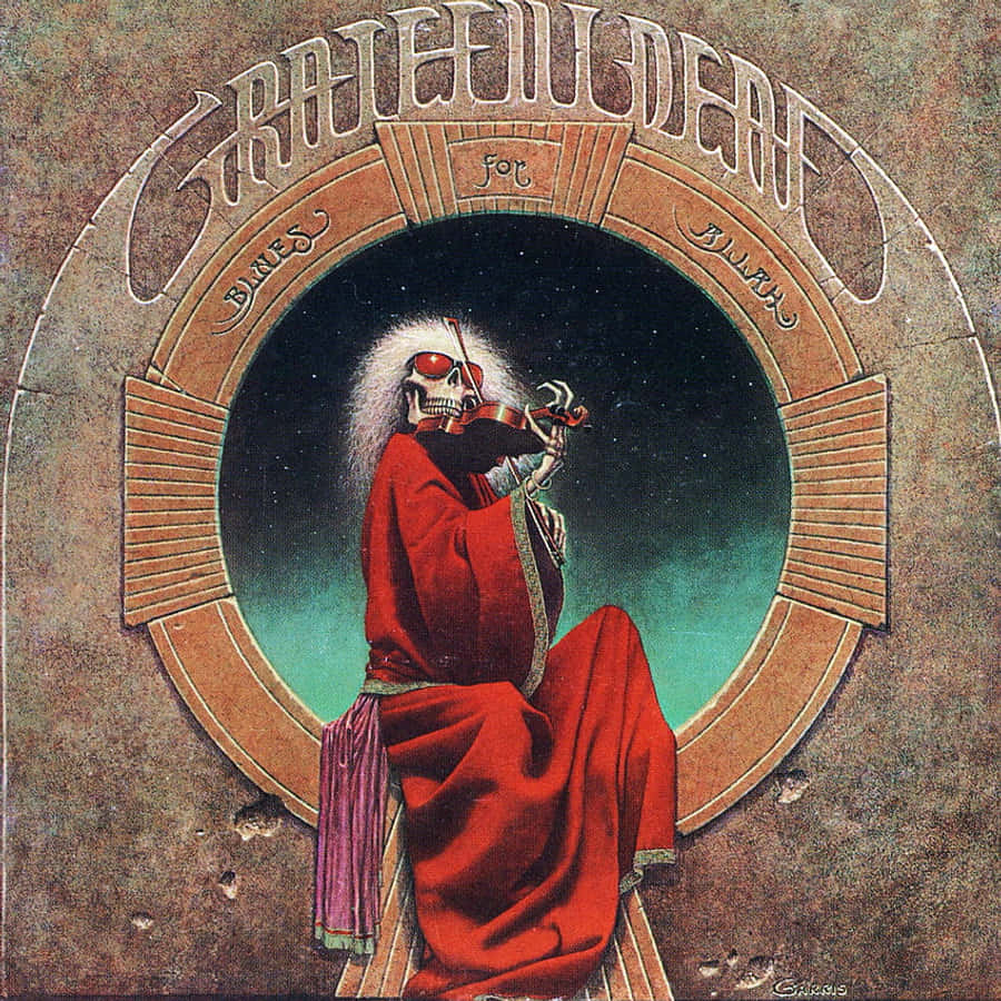 Grateful Dead iPhone 桌布 壁紙 — 一個穿著紅色長袍的骷髏在星空下演奏小提琴，星空由華麗的拱門框著。