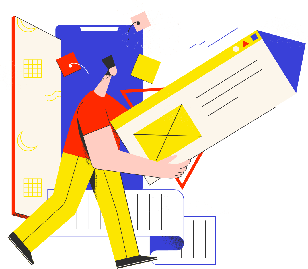 graphic design 桌布 壁紙 — 一個穿著紅衫黃褲的風格化人物，通過一個帶有浮動UI元素的數位入口，攜帶一個巨大的電子郵件介面。