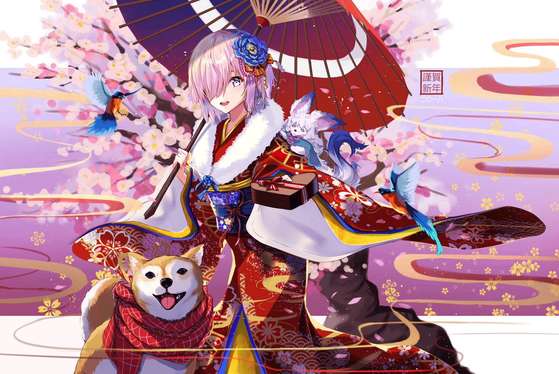 動漫狗 桌布 壁紙 — 一個穿著紅金色和服的開朗動漫女孩，在盛開的櫻花下，撐著陽傘，旁邊有一隻微笑的柴犬。