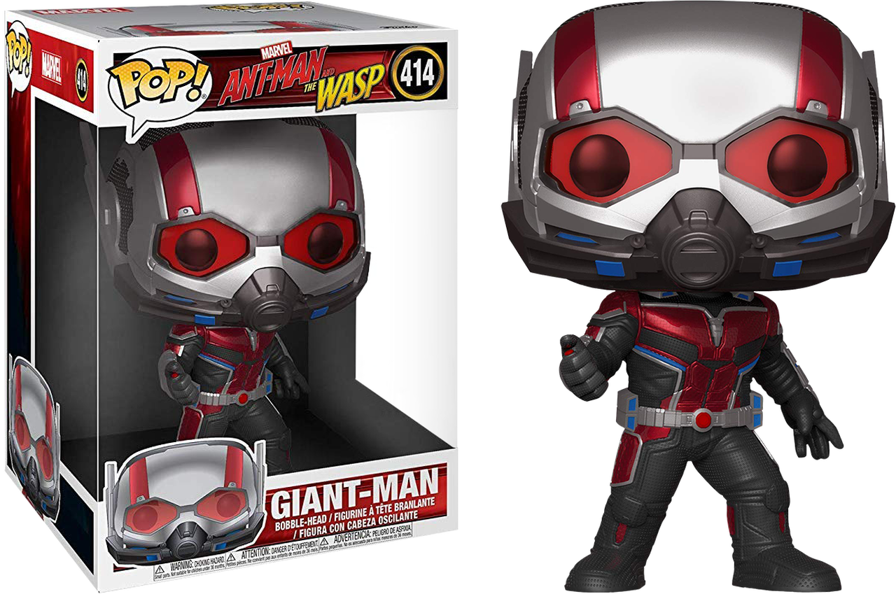 wasp 桌布 壁紙 — 一個穿著紅銀黑色西裝的巨人俠 Funko Pop! 乙烯基人偶站在其收藏盒旁邊。