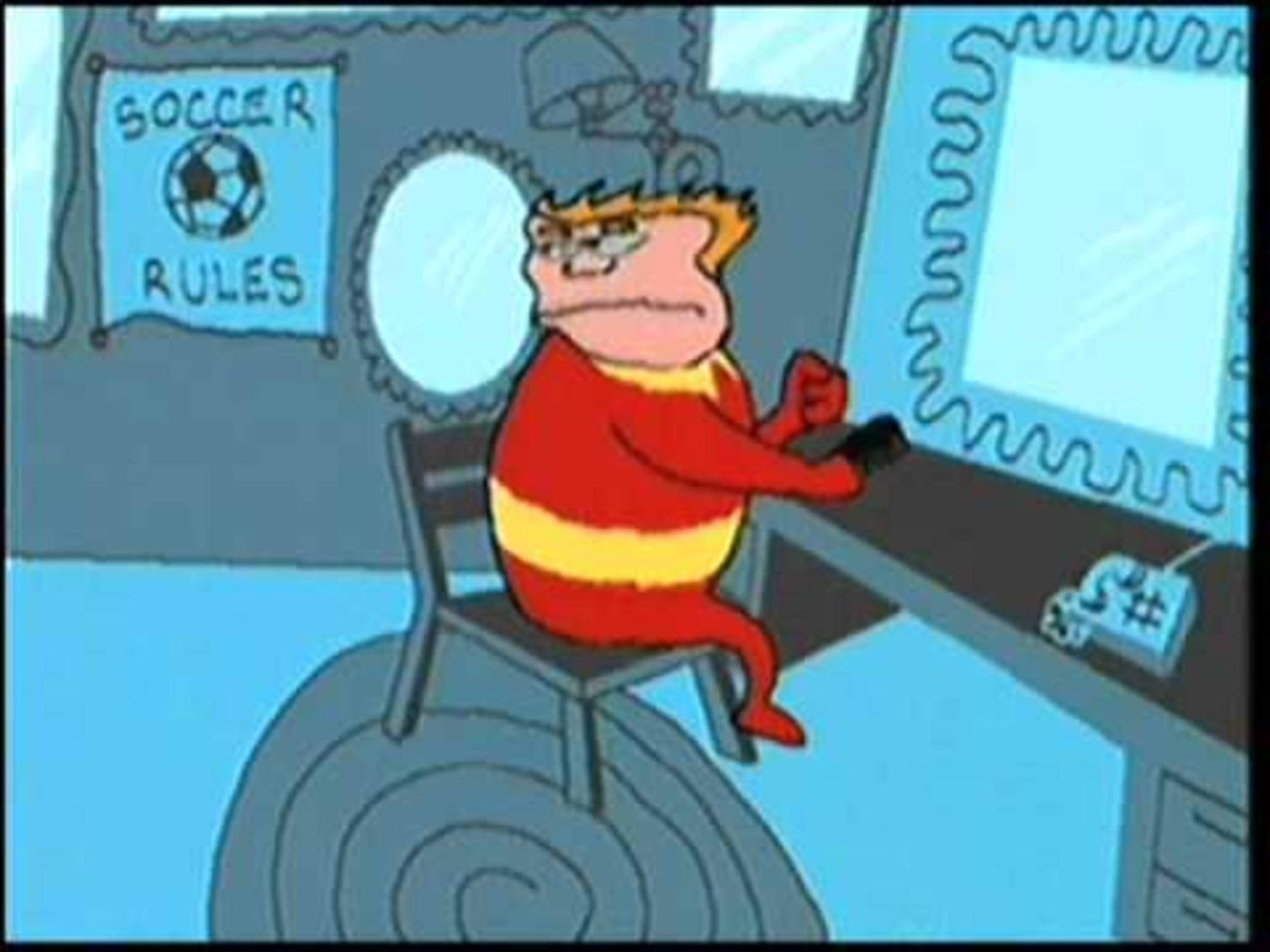 Animated 桌布 壁紙 — 一個穿著紅黃條紋服裝的卡通人物坐在房間的書桌前，房間內有足球規則海報和遊戲控制器。