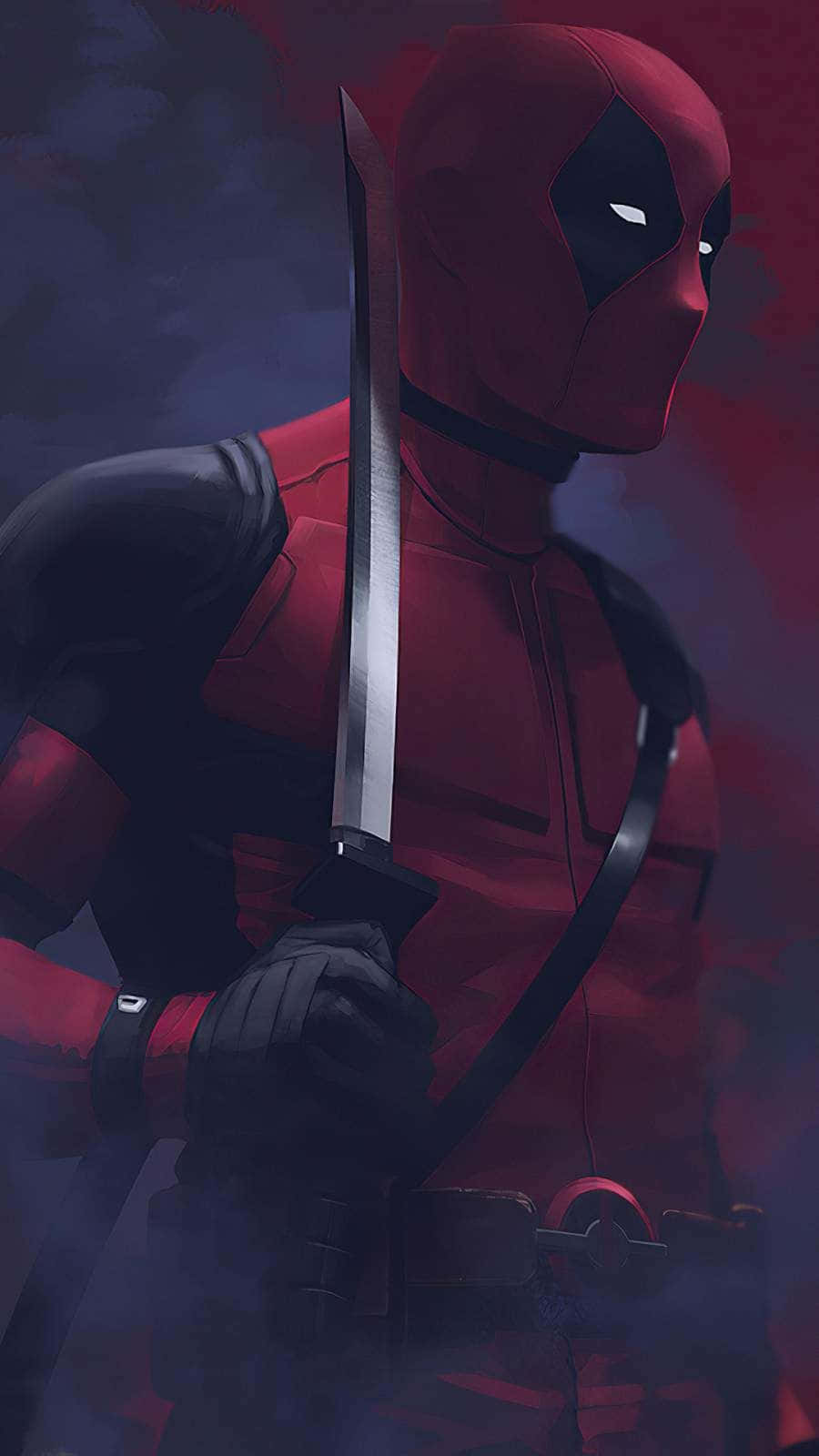 Deadpool Art 桌布 壁紙 — 一個穿著紅黑套裝的威脅性死侍，在煙霧瀰漫的黑暗背景中握著一把閃閃發光的劍。