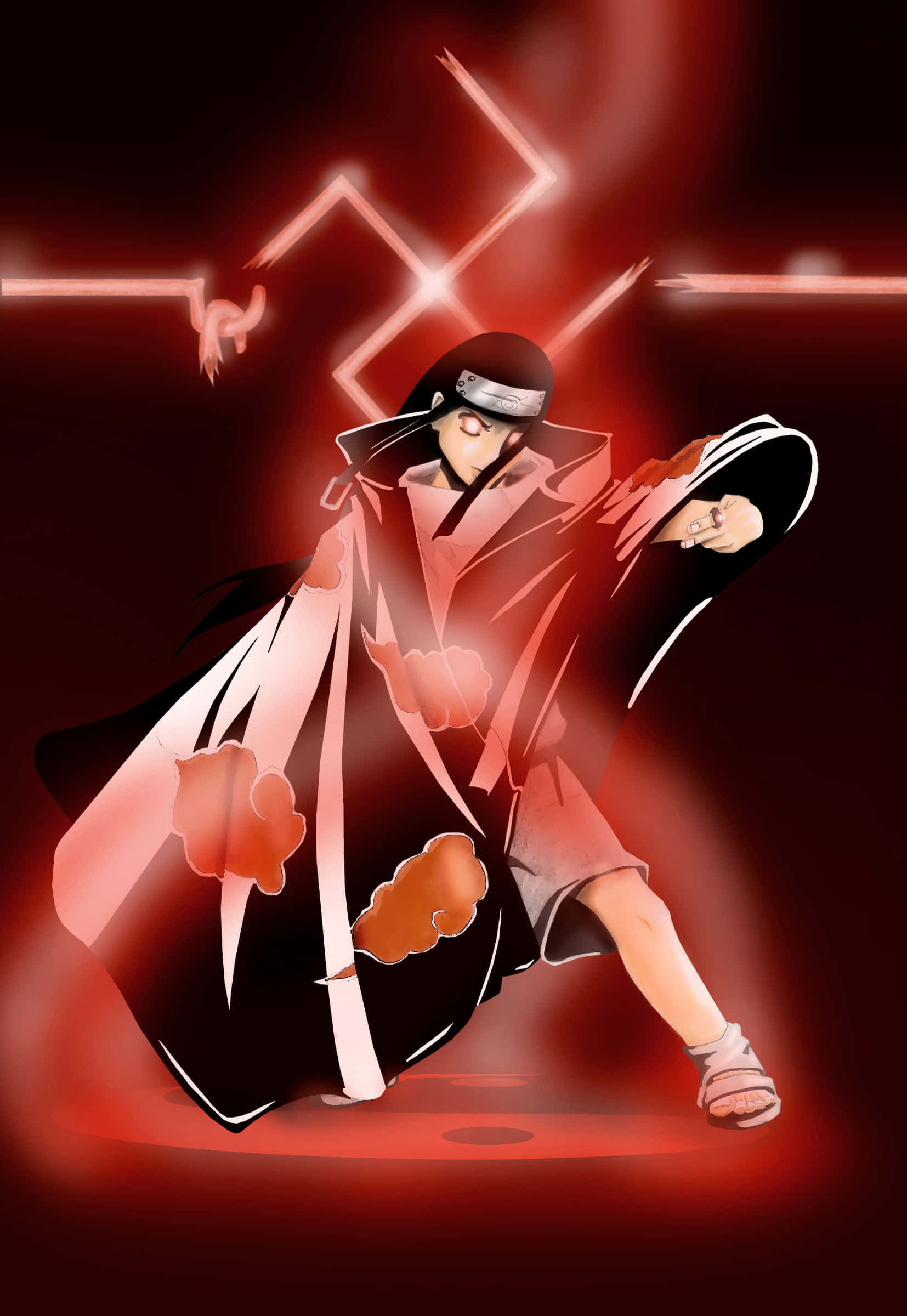 Neji Hyuga 桌布 壁紙 — 一個穿著紅黑斗篷的動漫角色，在黑暗背景下以動態戰鬥姿勢引導發光的紅色查克拉。