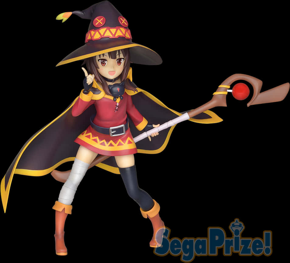 Megumin 桌布 壁紙 — 一個穿著紅黑服裝的開朗動漫女巫人偶，揮舞著法杖，自信地指向黑色背景。