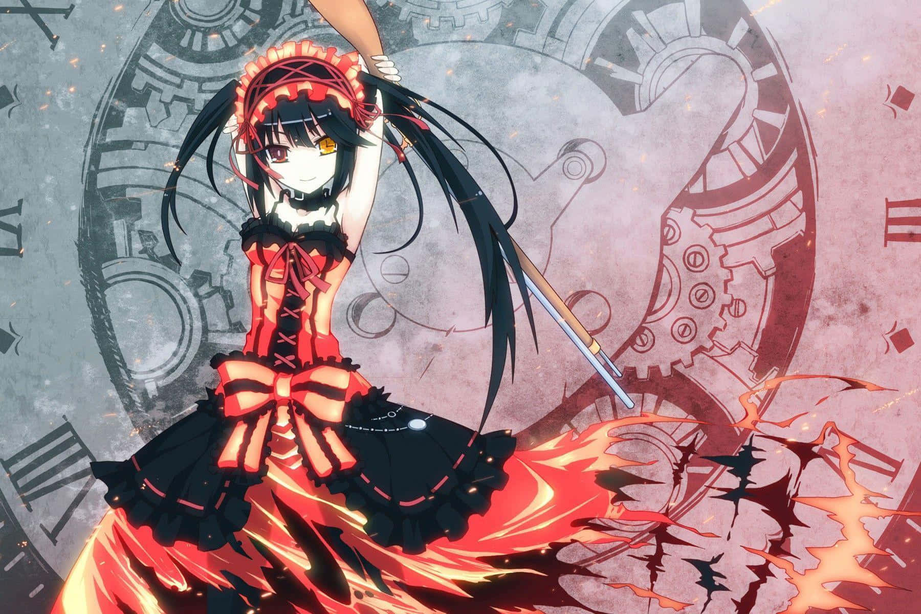 Date A Live 桌布 壁紙 — 一個穿著紅黑色連衣裙的火熱動漫女孩，站在一個巨大的時鐘齒輪前，眼睛發光，姿勢充滿動感。