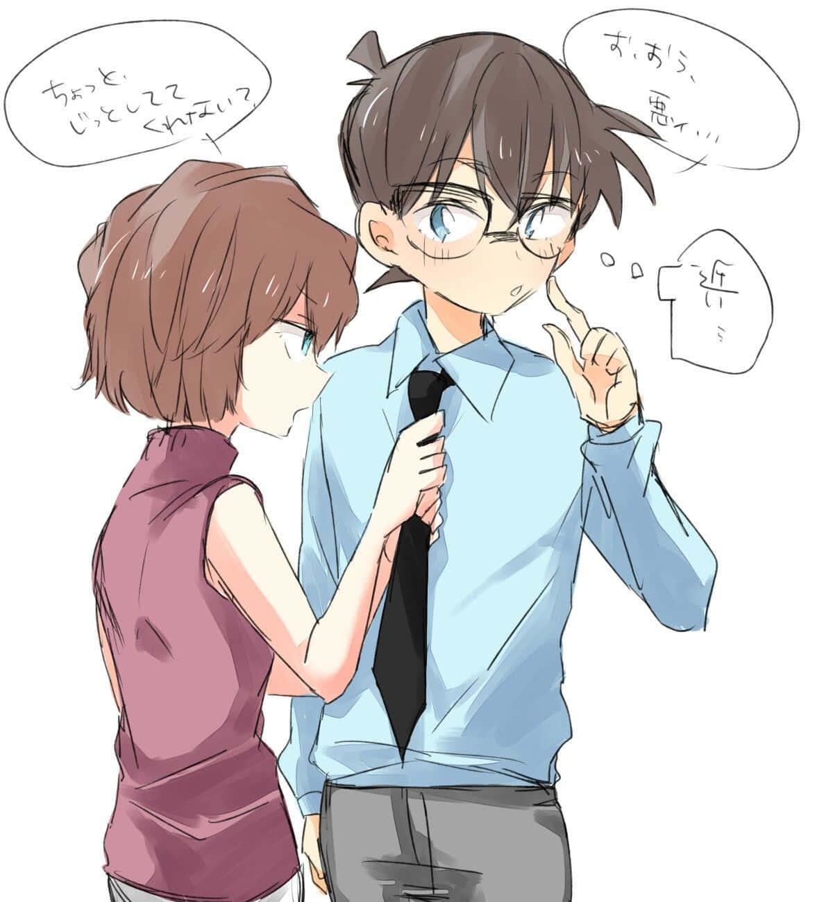 Detective Conan 桌布 壁紙 — 一個穿著紫色上衣的年輕動漫女孩，正在頑皮地調整一個戴眼鏡、紮雙馬尾的男孩的黑色領帶，男孩露出驚訝的表情。