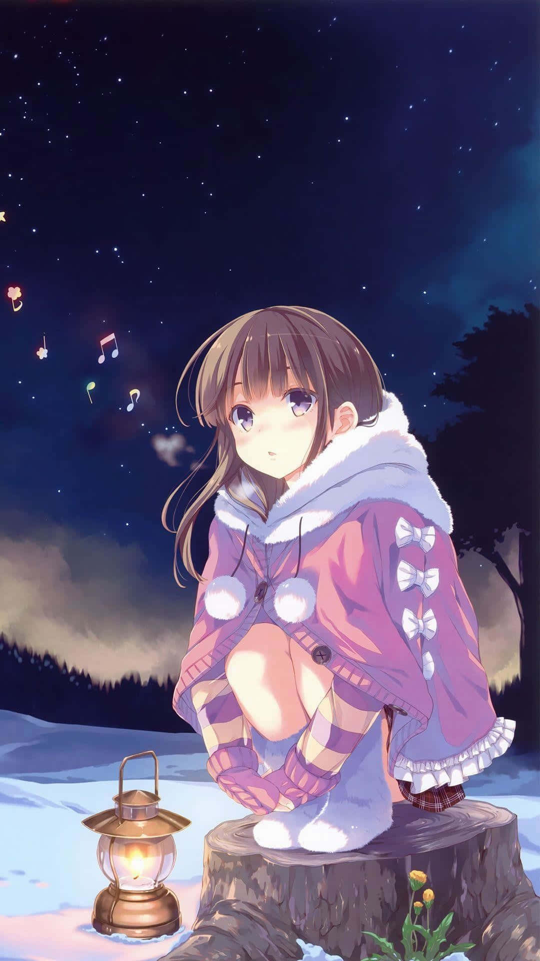 Animated Phone 桌布 壁紙 — 一個穿著紫色冬季外套的年輕動漫女孩坐在雪覆蓋的樹樁上，在星空下，有漂浮的音符和發光的燈籠在她旁邊。