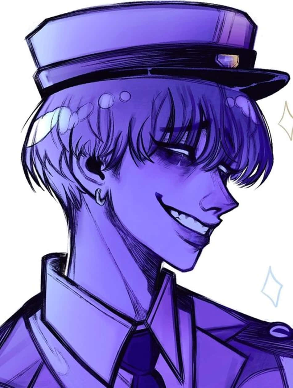 藝術 桌布 壁紙 — 一個穿著紫色制服和帽子的開朗動漫角色，在帶有閃爍效果的白色背景上燦爛微笑。
