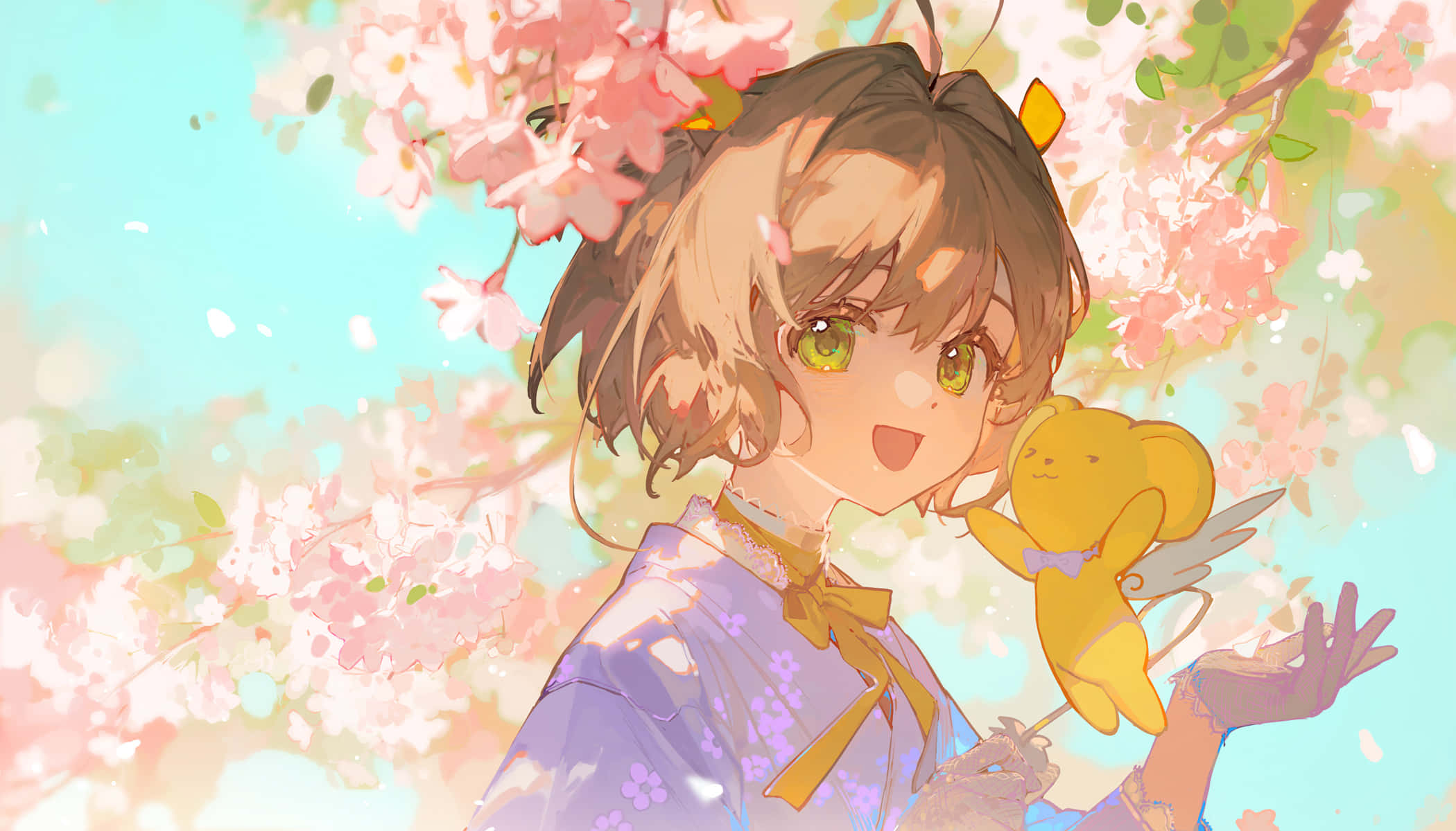 Cardcaptor Sakura 桌布 壁紙 — 一個穿著紫色和服的開朗動漫女孩在盛開的櫻花樹下微笑，抱著一隻黃色泰迪熊。