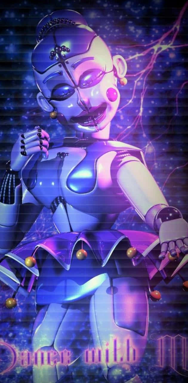 Ballora 桌布 壁紙 — 一個穿著紫色和藍色服裝、眼睛發光並帶有閃電效果、在黑暗背景中的威脅性電子動畫舞者。