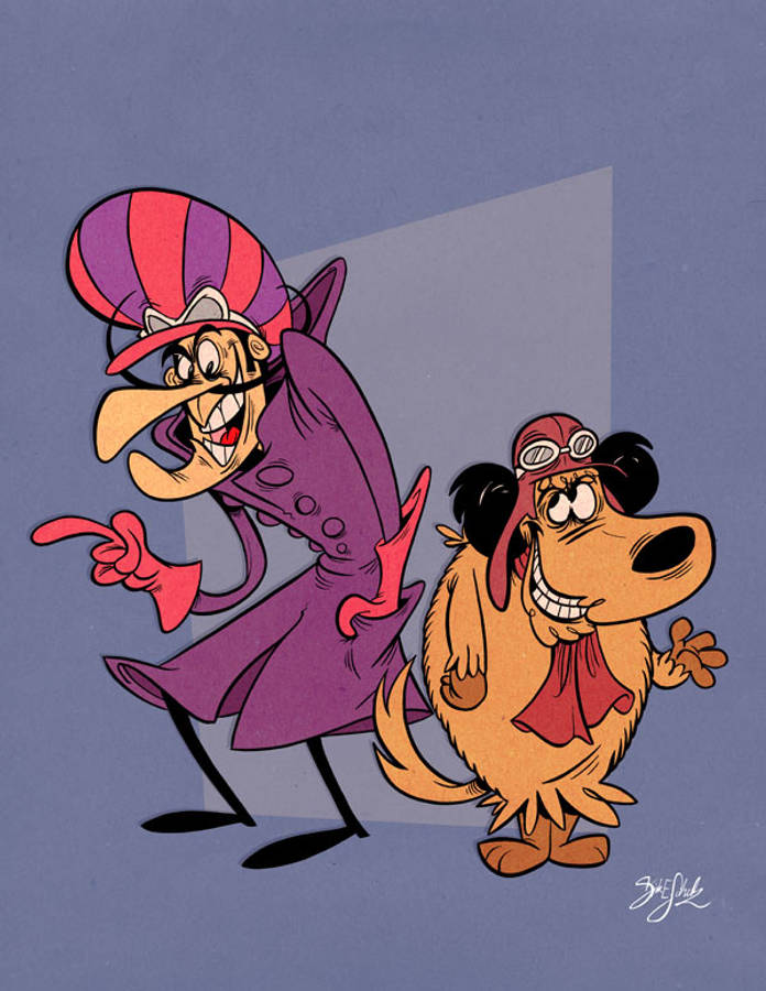 Muttley 桌布 壁紙 — 一個穿著紫色外套和條紋帽子的卡通反派，興奮地指著旁邊一隻戴著護目鏡和紅色圍巾的快樂狗。