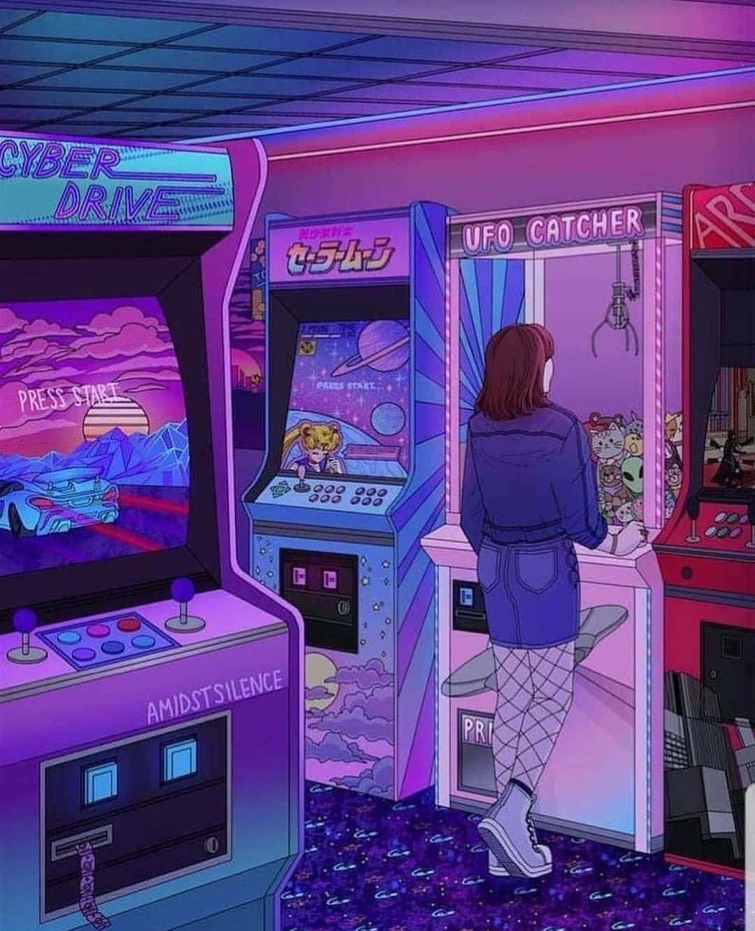 Arcade Aesthetic 桌布 壁紙 — 一個穿著紫色外套的人在霓虹燈下的復古未來風格遊戲機中心玩UFO夾娃娃機。
