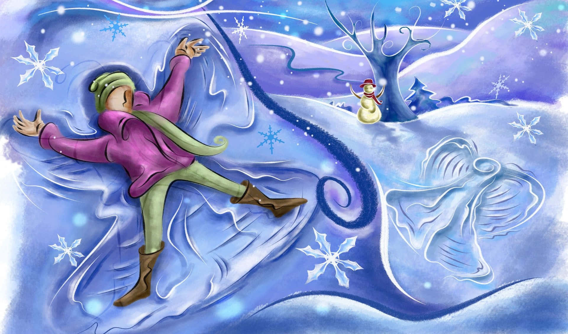 Snow Angel 桌布 壁紙 — 一個穿著紫色外套的小孩在雪花紛飛的雪坡上快樂地滑下，附近有一個雪人在觀看。