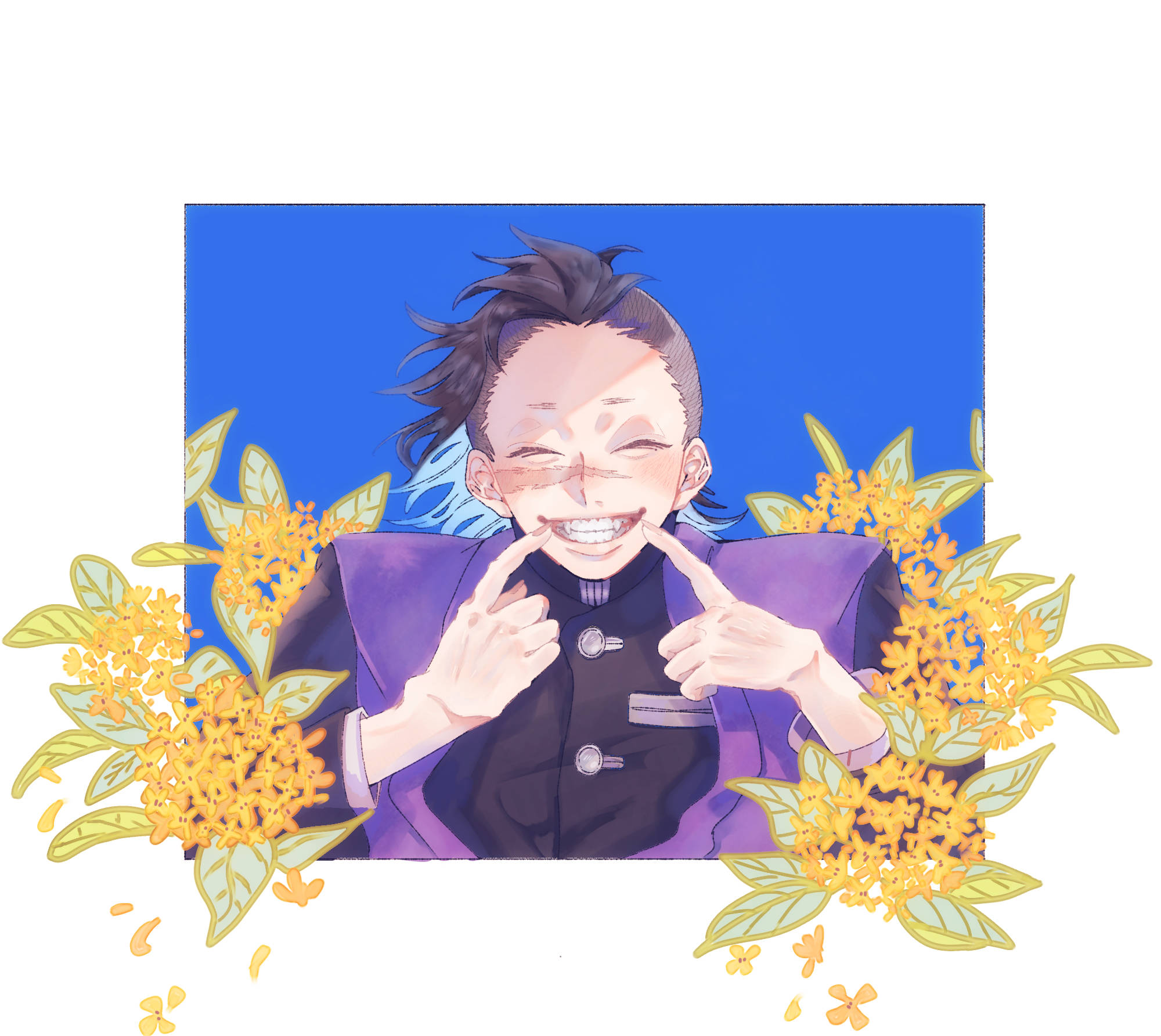 genya 桌布 壁紙 — 一個穿著紫色外套的開心動畫男孩，咧嘴大笑，同時指著自己的臉，周圍環繞著鮮豔的黃色花朵，背景是純藍色。