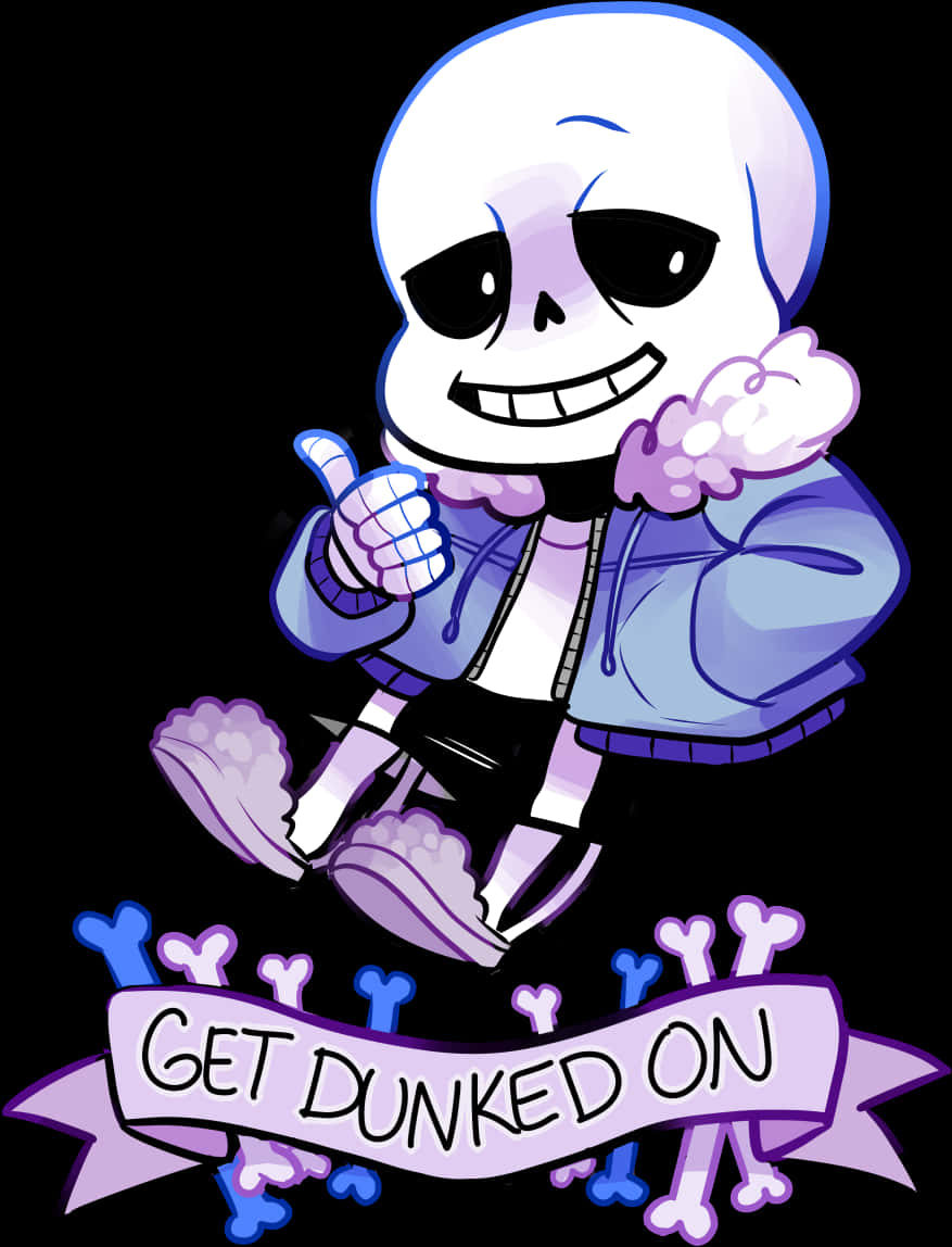 Undertale 桌布 壁紙 — 一個穿著紫色外套的開心卡通骷髏，在黑色背景上豎起大拇指，旁邊有一個骨頭橫幅。