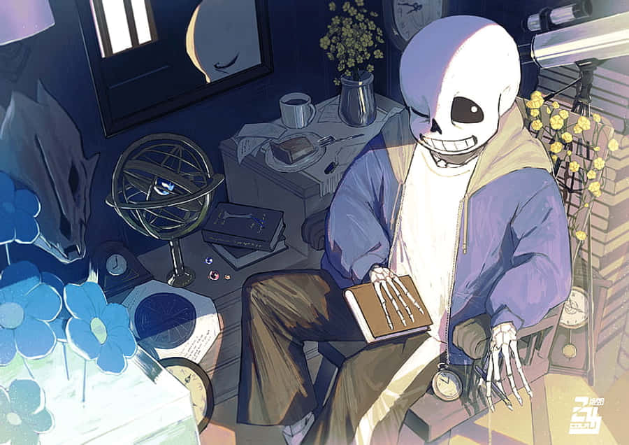 Undertale Desktop 桌布 壁紙 — 一個穿著紫色外套的骷髏角色坐在一個雜亂昏暗的房間裡，被時鐘和藍色花朵包圍著看書。