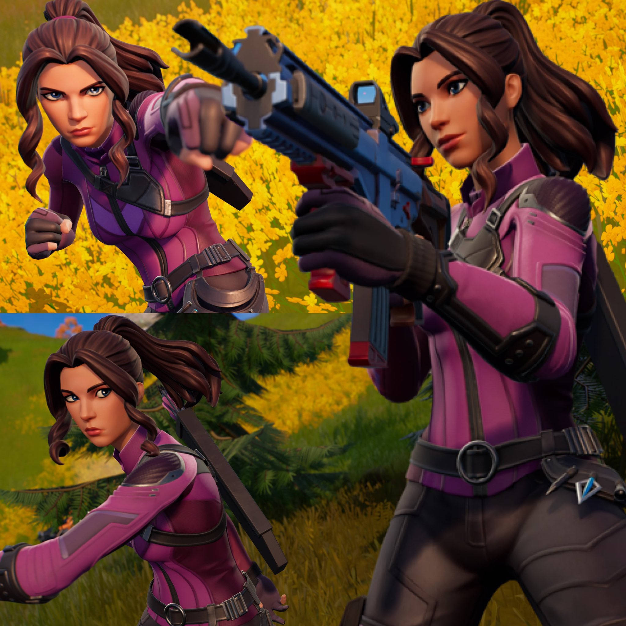 Bishop 桌布 壁紙 — 一個穿著紫色戰術裝備的Fortnite角色在鮮豔的黃色花田背景下瞄準武器。