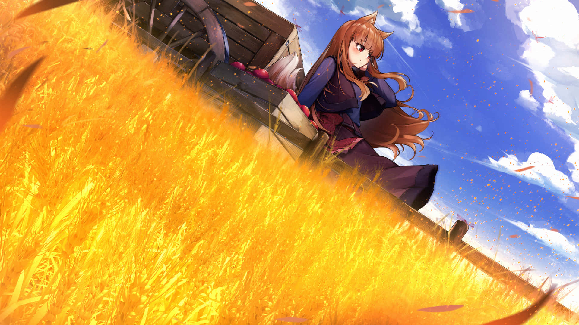 Spice And Wolf 桌布 壁紙 — 一個穿著紫色服裝、擁有狐狸耳朵的動漫女孩，坐在一輛木製馬車上，周圍是金色的麥田，上方是藍天白雲。