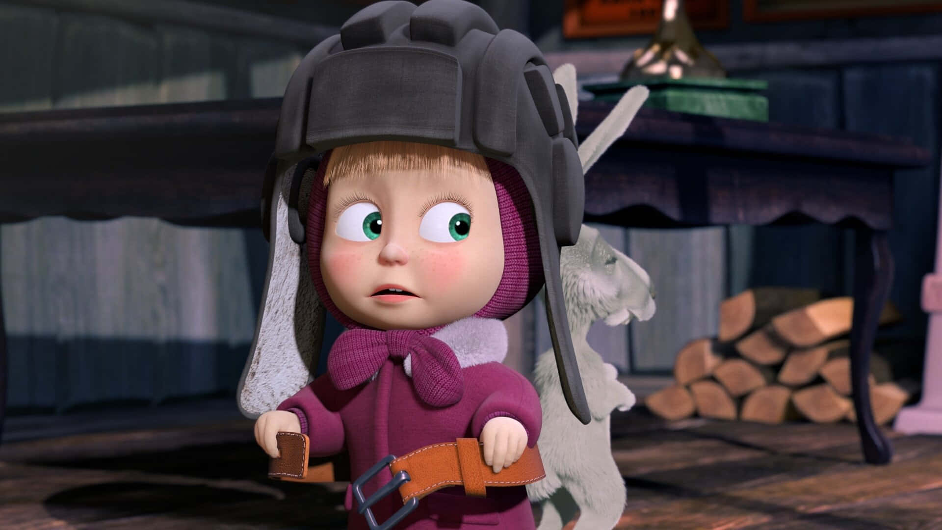 Masha And The Bear 桌布 壁紙 — 一個穿著紫色服裝和灰色飛行員頭盔的卡通女孩拿著皮帶扣，一隻白兔站在她旁邊，在一個舒適的木屋裡。