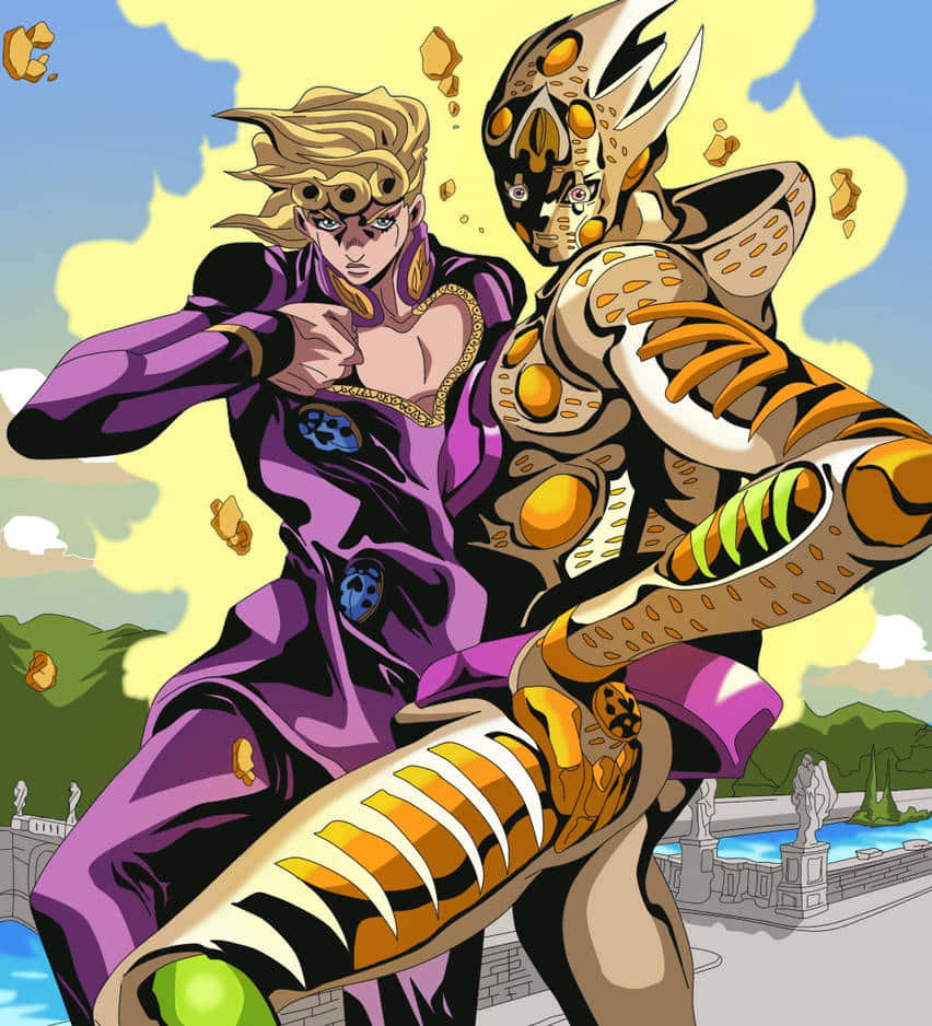 Gold Experience Jojo 桌布 壁紙 — 一個穿著紫色服裝的動態動漫角色在明亮的天空中與漂浮的碎片中的機械昆蟲生物戰鬥。