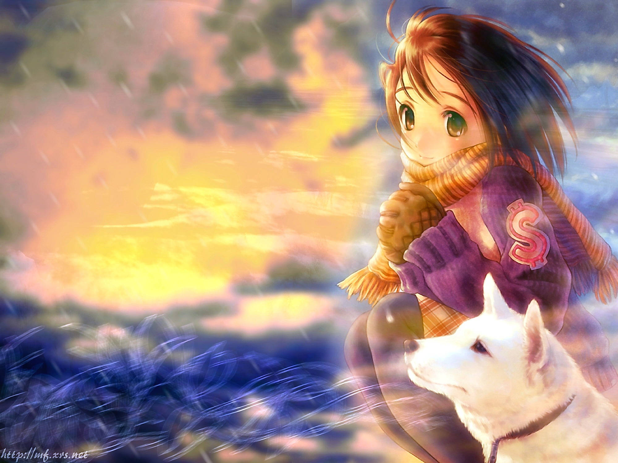 Wolf Girl 桌布 壁紙 — 一個穿著紫色毛衣和圍巾的小女孩坐在一隻白狗旁邊，背景是充滿活力、雲彩翻騰的日落天空。