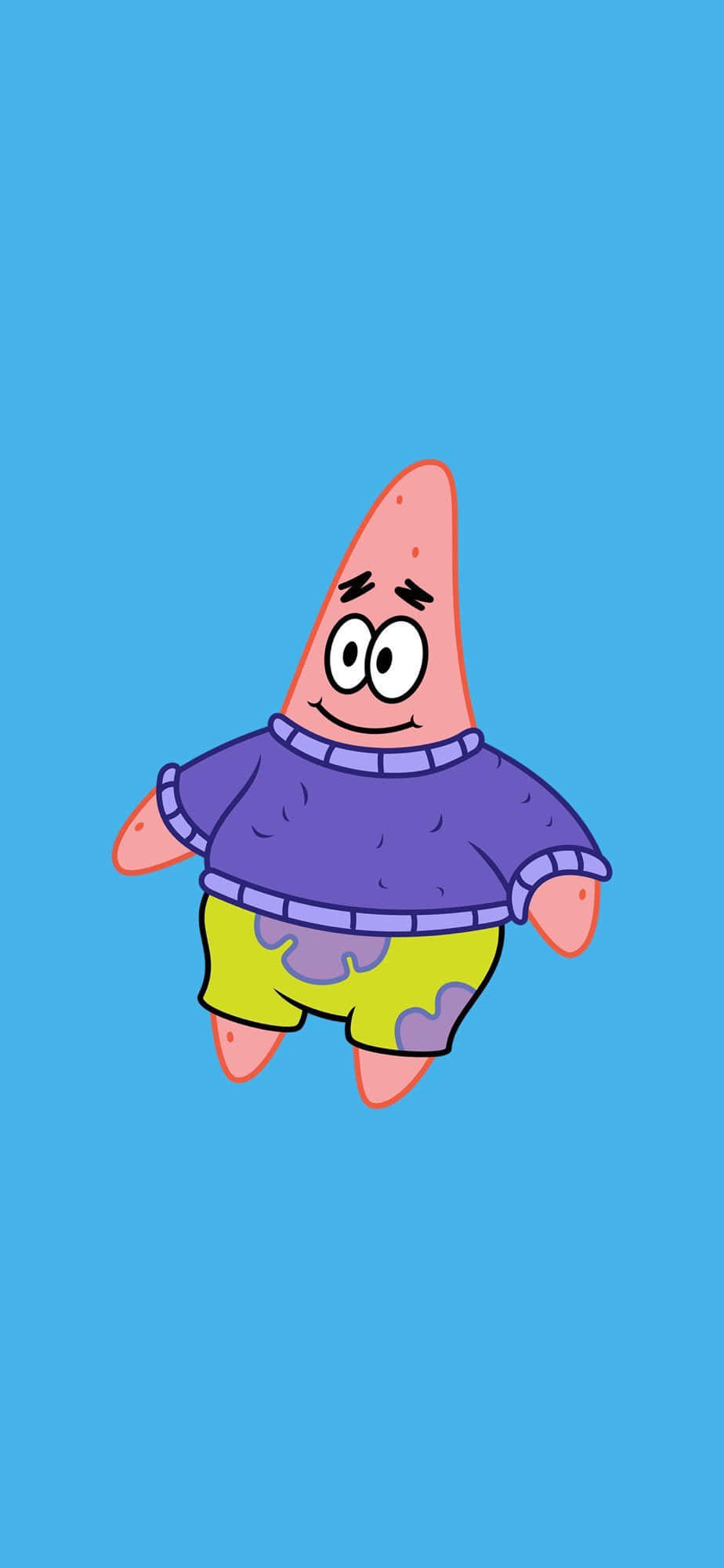 Patrick 桌布 壁紙 — 一個穿著紫色毛衣和綠色短褲的開心粉紅色海星角色，漂浮在純藍色背景上。