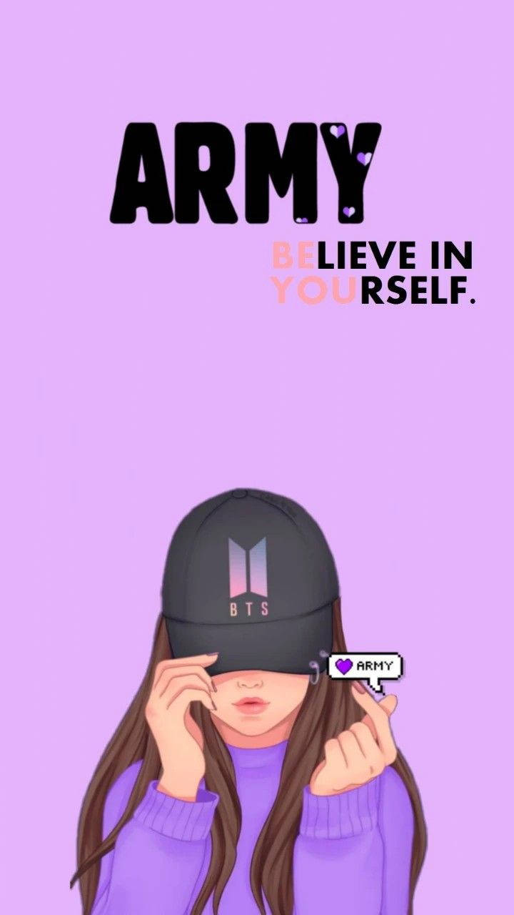 戴著BTS帽的女孩手持心形符號，並帶有「ARMY BELIEVE IN YOURSELF」文字。 — BTS 防彈少年團 粉絲 女孩 GIF 壁紙