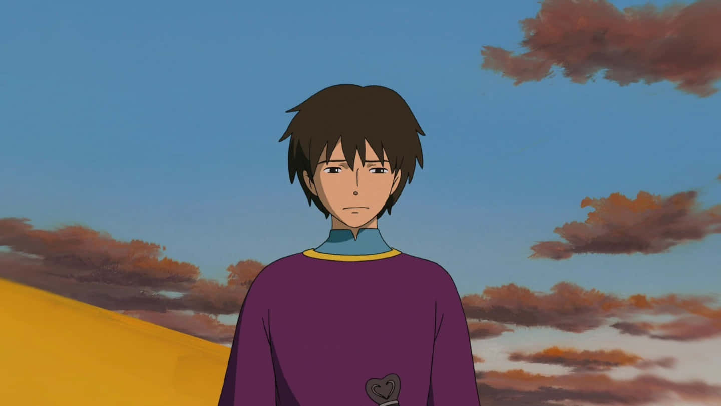 Tales From Earthsea 桌布 壁紙 — 一個穿著紫色毛衣的動漫男孩站在有橙色雲彩和金色田野的黃昏天空下。