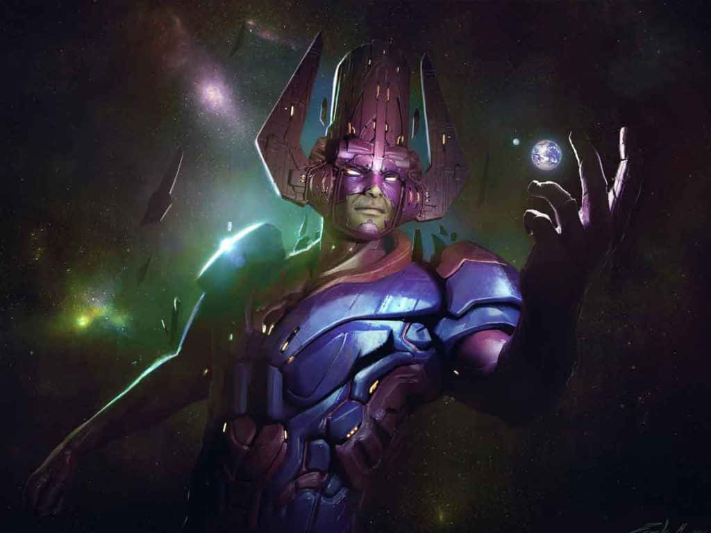 Galactus 桌布 壁紙 — 一個穿著紫色盔甲的宇宙實體在發光的星雲中漂浮，手中握著一顆行星。