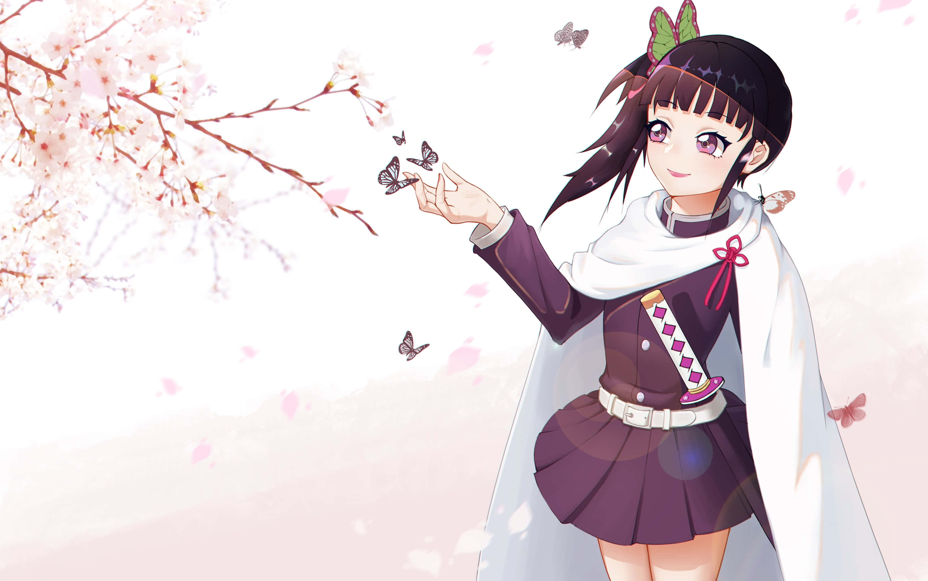 Demon Slayer Kanao 桌布 壁紙 — 一個穿著紫色衣服的開朗動漫女孩在飄落的櫻花中輕輕觸摸蝴蝶。
