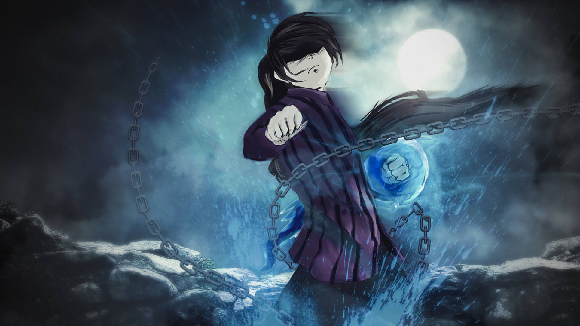 Tower Of God 桌布 壁紙 — 一個穿著紫色襯衫的動漫女孩在滿月下的暴風雨夜晚場景中與鎖鏈搏鬥。