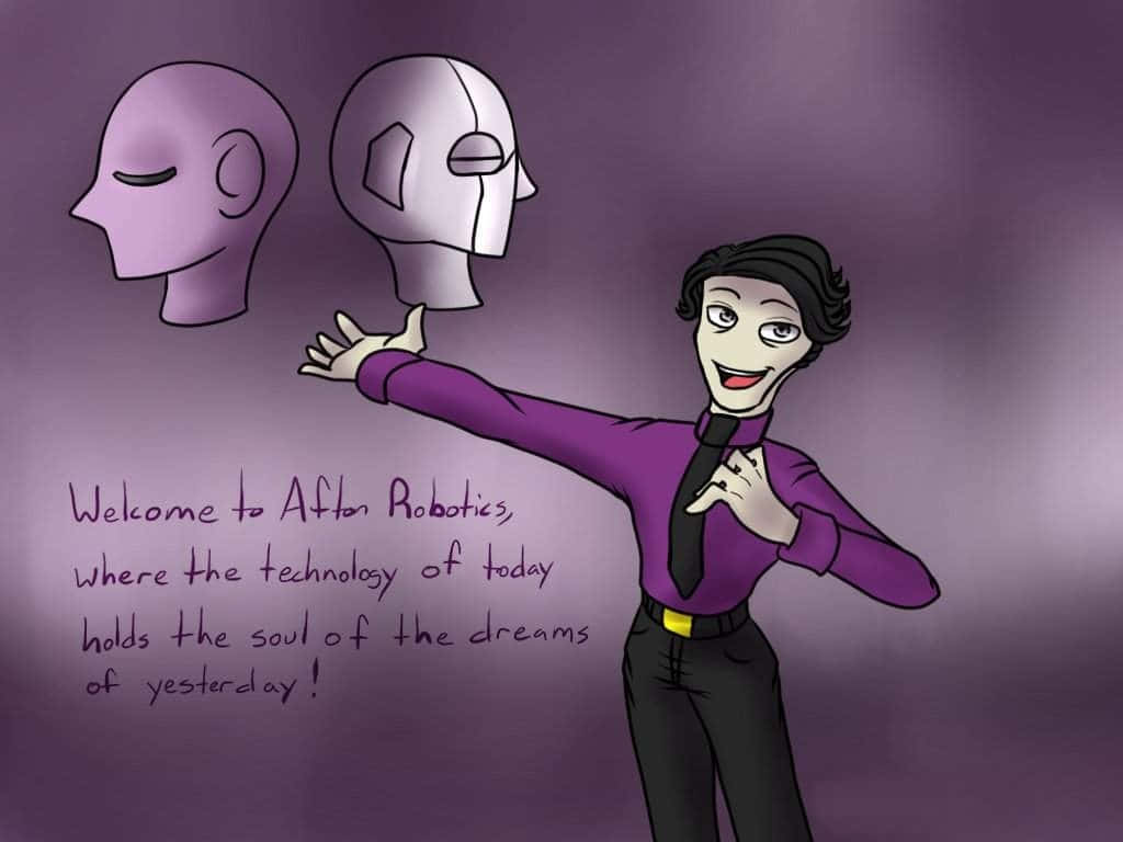 William Afton 桌布 壁紙 — 一個穿著紫色襯衫的愉快卡通男人，在紫色漸層背景上，指向兩個漂浮的頭部，一個有機體和一個機器人，並帶有文字。